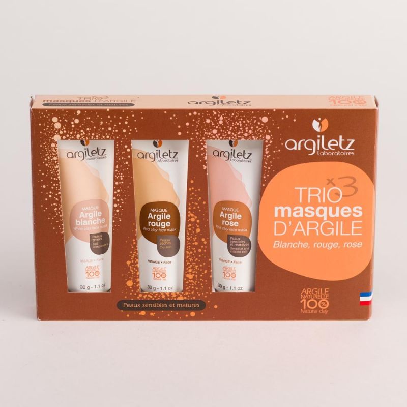 Trio Mini masques d'Argile Peaux Sensibles et Matures - Blanche, Rouge & Rose - Argiletz