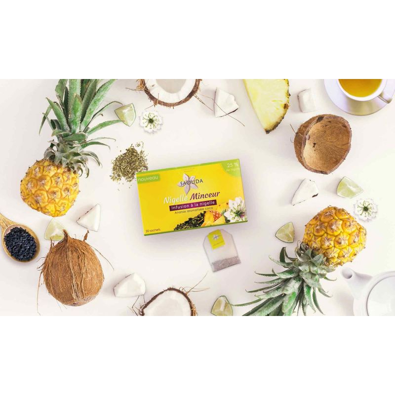 Infusion Minceur à la Nigelle (25%) - Ananas aromatisée Coco - 20 sachets - Saouda