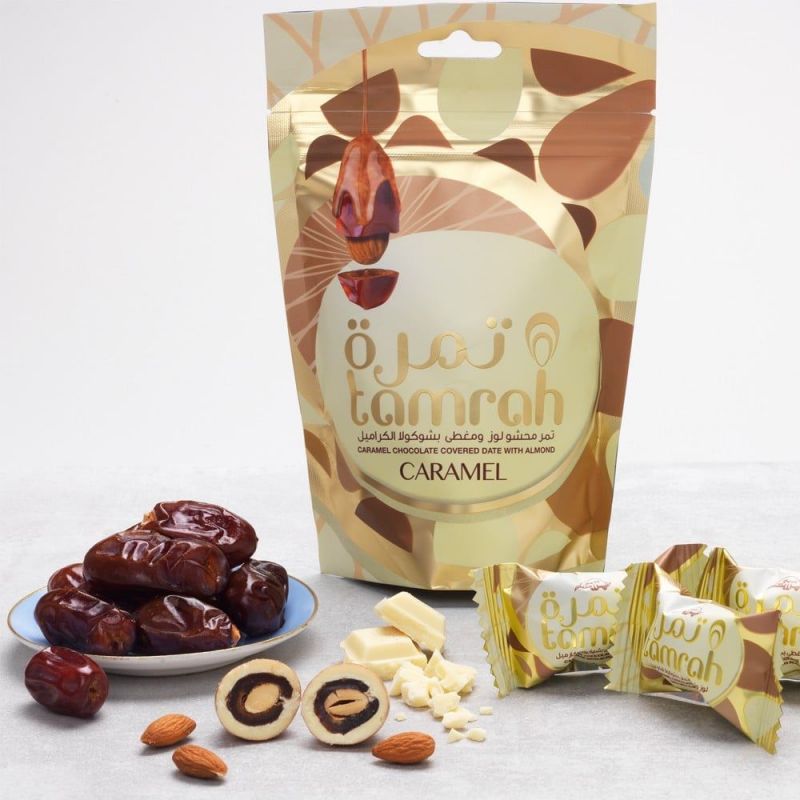 Tamrah Caramel - Dattes aux amandes enrobées de Chocolat blanc et Caramel