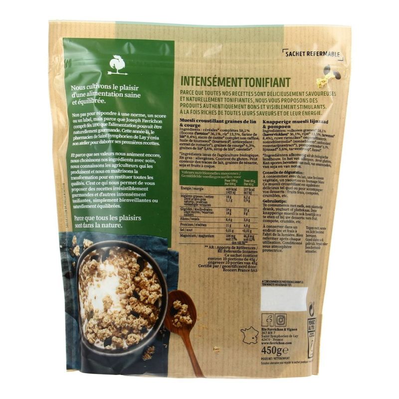 Muesli graines de Lin & Courge Bio (Format familial) - 900G  - Favrichon