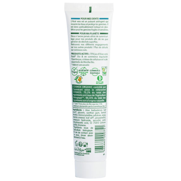 Dentifrice Bio 70% Aloé Vera & Menthe Bio - 75ml - Pur'Aloé