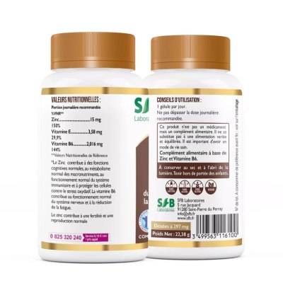 Zinc Bisglycinate + Vitamine B6 - 60 Gélules - Immunité & Soin peau - SFB Laboratoires