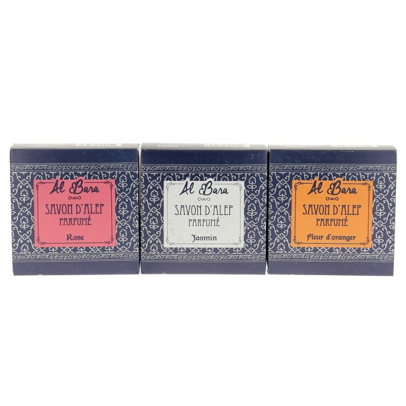 Coffret 3 Savons d'Alep Parfumés (Fleur d'Orange, Jasmin & Rose de Damas) - 100% Naturels - 3 x 100g - Al Bara